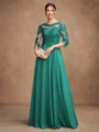 A-Line/Princess Chiffon Lace Scoop 3/4 Sleeves Floor-Length Mother of the Bride Dresses