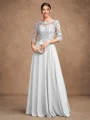 A-Line/Princess Chiffon Lace Scoop 3/4 Sleeves Floor-Length Mother of the Bride Dresses