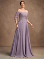 A-Line/Princess Chiffon Applique Off-the-Shoulder 3/4 Sleeves Floor-Length Mother of the Bride Dresses