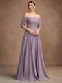A-Line/Princess Chiffon Applique Off-the-Shoulder 3/4 Sleeves Floor-Length Mother of the Bride Dresses