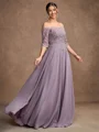 A-Line/Princess Chiffon Applique Off-the-Shoulder 3/4 Sleeves Floor-Length Mother of the Bride Dresses