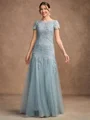 A-Line/Princess Tulle Lace Scoop Short Sleeves Floor-Length Mother of the Bride Dresses