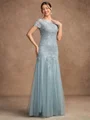 A-Line/Princess Tulle Lace Scoop Short Sleeves Floor-Length Mother of the Bride Dresses