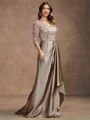 A-Line/Princess Satin Lace V-neck 3/4 Sleeves Sweep/Brush Train Mother of the Bride Dresses