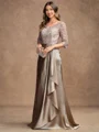 A-Line/Princess Satin Lace V-neck 3/4 Sleeves Sweep/Brush Train Mother of the Bride Dresses
