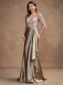 A-Line/Princess Satin Lace V-neck 3/4 Sleeves Sweep/Brush Train Mother of the Bride Dresses