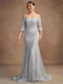 Sheath/Column Lace Applique Off-the-Shoulder 3/4 Sleeves Sweep/Brush Train Mother of the Bride Dresses