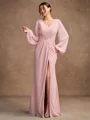 A-Line/Princess Chiffon Applique V-neck Long Sleeves Floor-Length Mother of the Bride Dresses