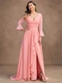 A-Line/Princess Chiffon Ruched V-neck Long Sleeves Sweep/Brush Train Mother of the Bride Dresses