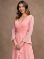 A-Line/Princess Chiffon Ruched V-neck Long Sleeves Sweep/Brush Train Mother of the Bride Dresses