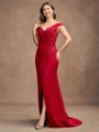Sheath/Column Satin Applique Off-the-Shoulder Sleeveless Sweep/Brush Train Mother of the Bride Dresses