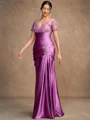 Sheath/Column Silk Like Satin Applique V-neck Short Sleeves Floor-Length Mother of the Bride Dresses