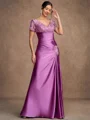 Sheath/Column Silk Like Satin Applique V-neck Short Sleeves Floor-Length Mother of the Bride Dresses