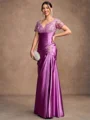 Sheath/Column Silk Like Satin Applique V-neck Short Sleeves Floor-Length Mother of the Bride Dresses