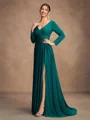A-Line/Princess Jersey Beading V-neck Long Sleeves Sweep/Brush Train Mother of the Bride Dresses