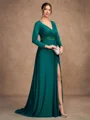A-Line/Princess Jersey Beading V-neck Long Sleeves Sweep/Brush Train Mother of the Bride Dresses