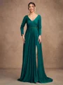 A-Line/Princess Jersey Beading V-neck Long Sleeves Sweep/Brush Train Mother of the Bride Dresses