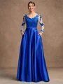 A-Line/Princess Satin Applique V-neck Long Sleeves Floor-Length Mother of the Bride Dresses
