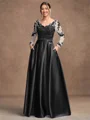 A-Line/Princess Satin Applique V-neck Long Sleeves Floor-Length Mother of the Bride Dresses