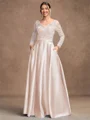 A-Line/Princess Satin Applique V-neck Long Sleeves Floor-Length Mother of the Bride Dresses