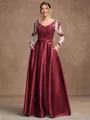 A-Line/Princess Satin Applique V-neck Long Sleeves Floor-Length Mother of the Bride Dresses