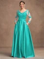 A-Line/Princess Satin Applique V-neck Long Sleeves Floor-Length Mother of the Bride Dresses