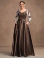 A-Line/Princess Satin Applique V-neck Long Sleeves Floor-Length Mother of the Bride Dresses
