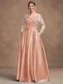 A-Line/Princess Satin Applique V-neck Long Sleeves Floor-Length Mother of the Bride Dresses