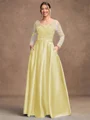 A-Line/Princess Satin Applique V-neck Long Sleeves Floor-Length Mother of the Bride Dresses