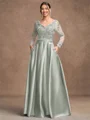A-Line/Princess Satin Applique V-neck Long Sleeves Floor-Length Mother of the Bride Dresses