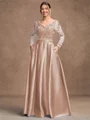 A-Line/Princess Satin Applique V-neck Long Sleeves Floor-Length Mother of the Bride Dresses