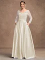 A-Line/Princess Satin Applique V-neck Long Sleeves Floor-Length Mother of the Bride Dresses