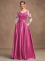 A-Line/Princess Satin Applique V-neck Long Sleeves Floor-Length Mother of the Bride Dresses