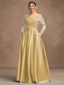 A-Line/Princess Satin Applique V-neck Long Sleeves Floor-Length Mother of the Bride Dresses