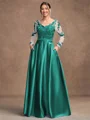 A-Line/Princess Satin Applique V-neck Long Sleeves Floor-Length Mother of the Bride Dresses