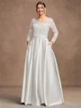 A-Line/Princess Satin Applique V-neck Long Sleeves Floor-Length Mother of the Bride Dresses