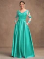 A-Line/Princess Satin Applique V-neck Long Sleeves Floor-Length Mother of the Bride Dresses