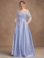 A-Line/Princess Satin Applique V-neck Long Sleeves Floor-Length Mother of the Bride Dresses