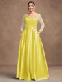 A-Line/Princess Satin Applique V-neck Long Sleeves Floor-Length Mother of the Bride Dresses