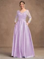 A-Line/Princess Satin Applique V-neck Long Sleeves Floor-Length Mother of the Bride Dresses
