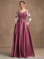 A-Line/Princess Satin Applique V-neck Long Sleeves Floor-Length Mother of the Bride Dresses
