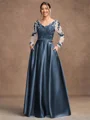 A-Line/Princess Satin Applique V-neck Long Sleeves Floor-Length Mother of the Bride Dresses