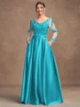 A-Line/Princess Satin Applique V-neck Long Sleeves Floor-Length Mother of the Bride Dresses
