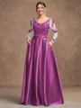 A-Line/Princess Satin Applique V-neck Long Sleeves Floor-Length Mother of the Bride Dresses