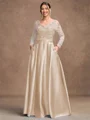 A-Line/Princess Satin Applique V-neck Long Sleeves Floor-Length Mother of the Bride Dresses