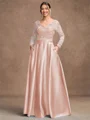 A-Line/Princess Satin Applique V-neck Long Sleeves Floor-Length Mother of the Bride Dresses
