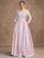 A-Line/Princess Satin Applique V-neck Long Sleeves Floor-Length Mother of the Bride Dresses