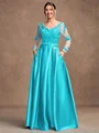 A-Line/Princess Satin Applique V-neck Long Sleeves Floor-Length Mother of the Bride Dresses
