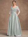 A-Line/Princess Satin Applique V-neck Long Sleeves Floor-Length Mother of the Bride Dresses