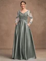 A-Line/Princess Satin Applique V-neck Long Sleeves Floor-Length Mother of the Bride Dresses